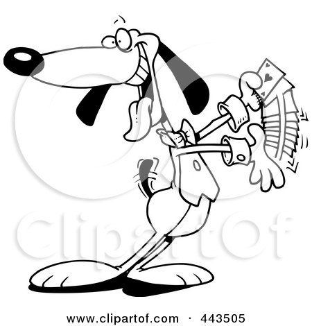 Royalty-Free (RF) Clip Art Illustration of a Cartoon Black And White Outline Design Of A Dog Shuffling Playing Cards by toonaday