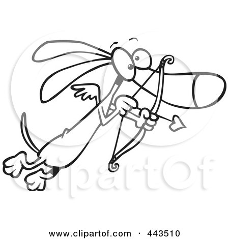 Royalty-Free (RF) Clip Art Illustration of a Cartoon Black And White Outline Design Of A Cupid Wiener Dog by toonaday