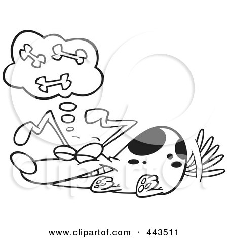 Royalty-Free (RF) Clip Art Illustration of a Cartoon Black And White Outline Design Of A Dog Dreaming Of Bones by toonaday