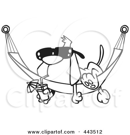 Royalty-Free (RF) Clip Art Illustration of a Cartoon Black And White Outline Design Of A Dog Lounging On A Hammock by toonaday