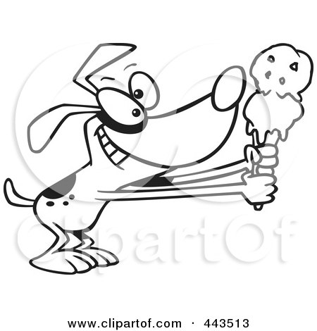 Royalty-Free (RF) Clip Art Illustration of a Cartoon Black And White Outline Design Of A Dog Holding Out An Ice Cream Cone by toonaday