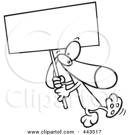 Royalty-Free (RF) Clip Art Illustration of a Cartoon Black And White Outline Design Of A Dog Carrying A Sign by toonaday