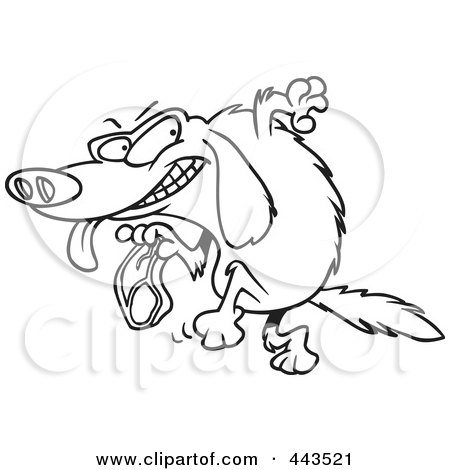 Royalty-Free (RF) Clip Art Illustration of a Cartoon Black And White Outline Design Of A Golden Retriever Stealing A Steak by toonaday