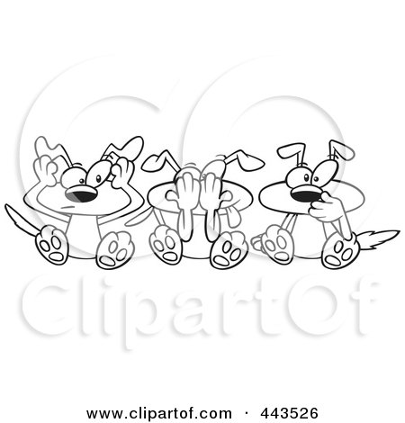 Royalty-Free (RF) Clip Art Illustration of a Cartoon Black And White Outline Design Of Hear No See No And Speak No Evil Dogs by toonaday