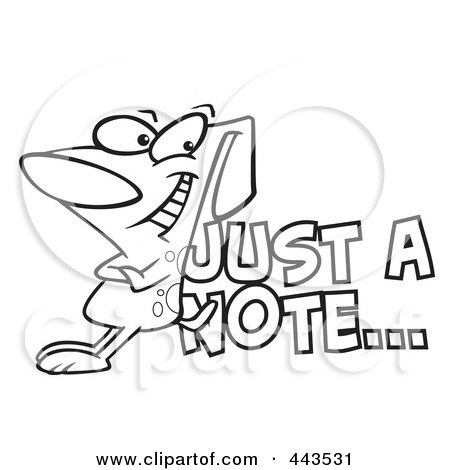 Royalty-Free (RF) Clip Art Illustration of a Cartoon Black And White Outline Design Of A Dog Leaning Against Just A Note Text by toonaday