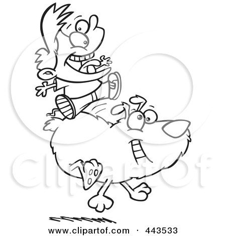 Royalty-Free (RF) Clip Art Illustration of a Cartoon Black And White Outline Design Of A Boy Riding A Dog by toonaday