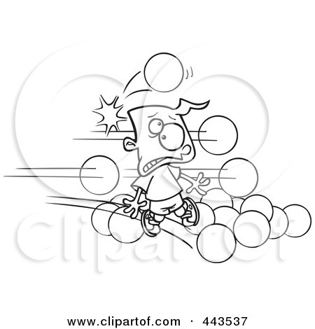 Royalty-Free (RF) Clip Art Illustration of a Cartoon Black And White Outline Design Of Dodgeballs Hitting A Boy by toonaday