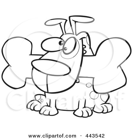 Royalty-Free (RF) Clip Art Illustration of a Cartoon Black And White Outline Design Of A Dog With A Bone by toonaday
