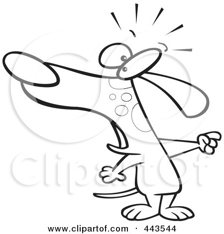 Royalty-Free (RF) Clip Art Illustration of a Cartoon Black And White Outline Design Of A Dog Pointing by toonaday