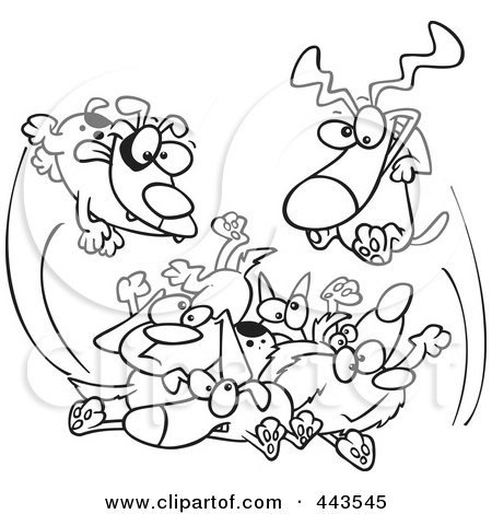 Royalty-Free (RF) Clip Art Illustration of a Cartoon Black And White Outline Design Of Dogs Jumping In A Pile by toonaday
