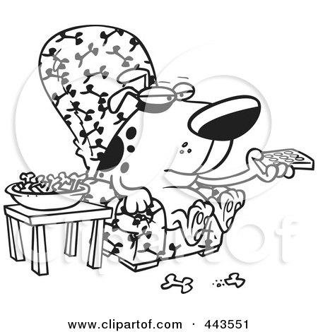 Royalty-Free (RF) Clip Art Illustration of a Cartoon Black And White Outline Design Of A Dog Munching On Bones And Watching Tv by toonaday