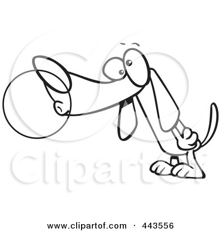 Royalty-Free (RF) Clip Art Illustration of a Cartoon Black And White Outline Design Of A Dog Chewing Bubble Gum by toonaday