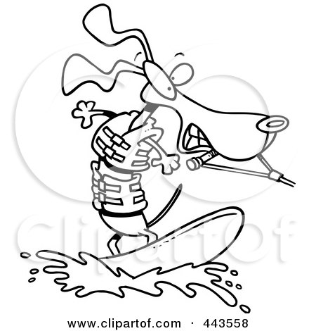 Royalty-Free (RF) Clip Art Illustration of a Cartoon Black And White Outline Design Of A Wakeboarding Wiener Dog by toonaday