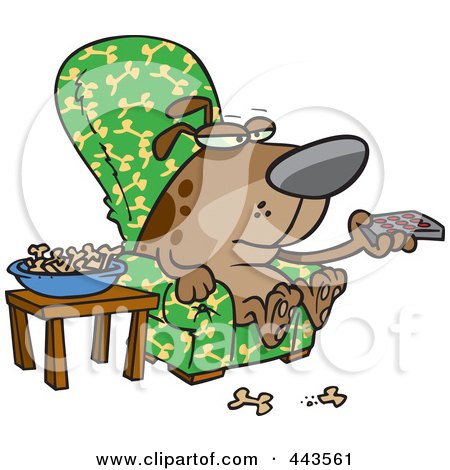 Royalty-Free (RF) Clip Art Illustration of a Cartoon Dog Munching On Bones And Watching Tv by toonaday