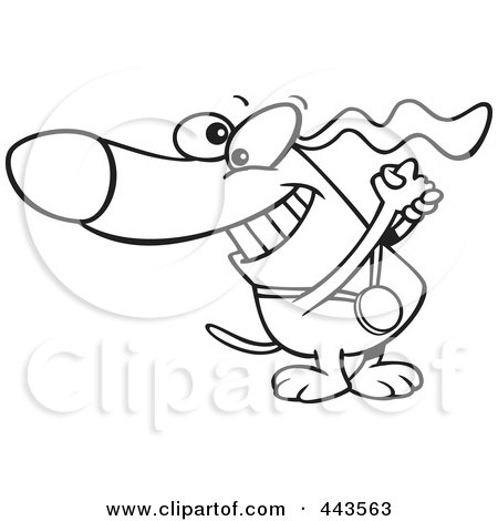 Royalty-Free (RF) Clip Art Illustration of a Cartoon Black And White Outline Design Of A Champion Dog With A Medal by toonaday
