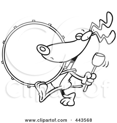 Royalty-Free (RF) Clip Art Illustration of a Cartoon Black And White Outline Design Of A Drummer Dog by toonaday