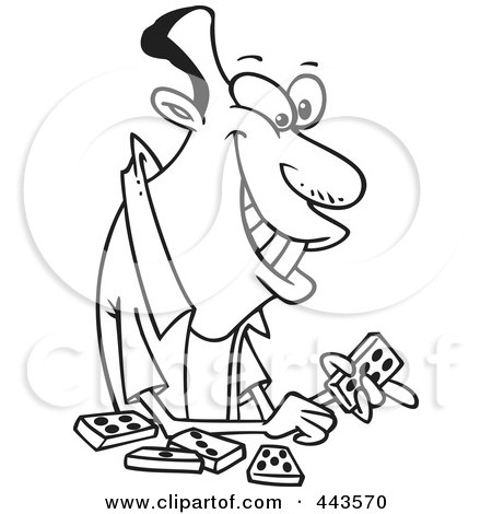 Royalty-Free (RF) Clip Art Illustration of a Cartoon Black And White Outline Design Of A Black Man Playing Dominoes by toonaday