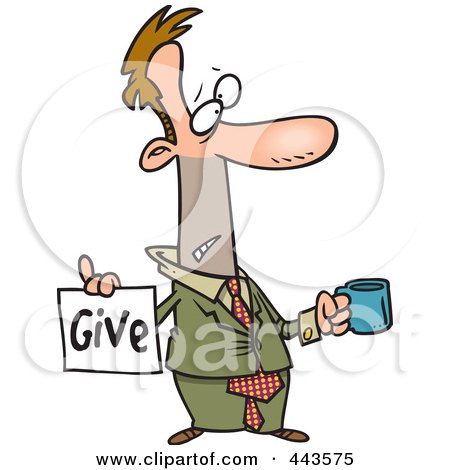 Royalty-Free (RF) Clip Art Illustration of a Cartoon Broke Businessman Holding A Cup And Give Sign by toonaday
