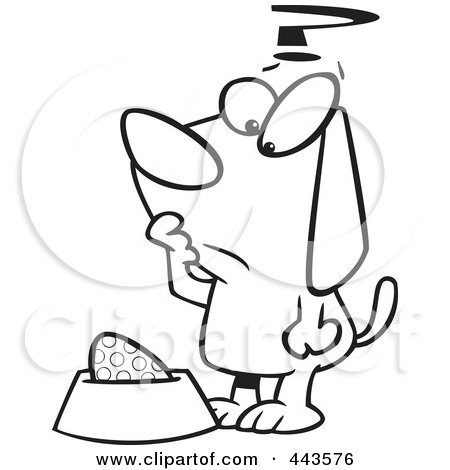 Royalty-Free (RF) Clip Art Illustration of a Cartoon Black And White Outline Design Of A Confused Dog Staring At An Egg In His Dish by toonaday