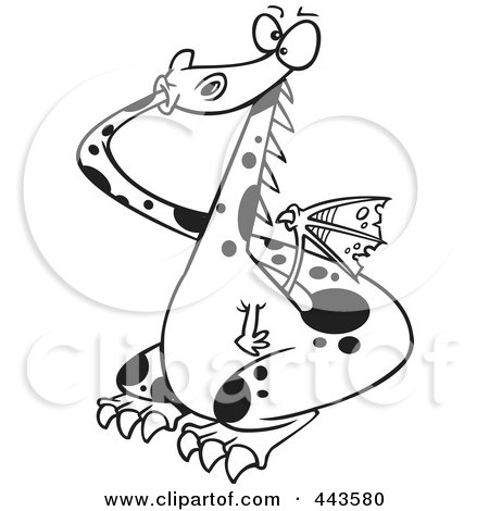 Royalty-Free (RF) Clip Art Illustration of a Cartoon Black And White Outline Design Of A Dragon Plugging His Mouth by toonaday