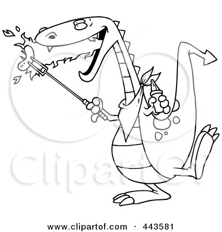 Royalty-Free (RF) Clip Art Illustration of a Cartoon Black And White Outline Design Of A Dragon Roasting Sausage by toonaday