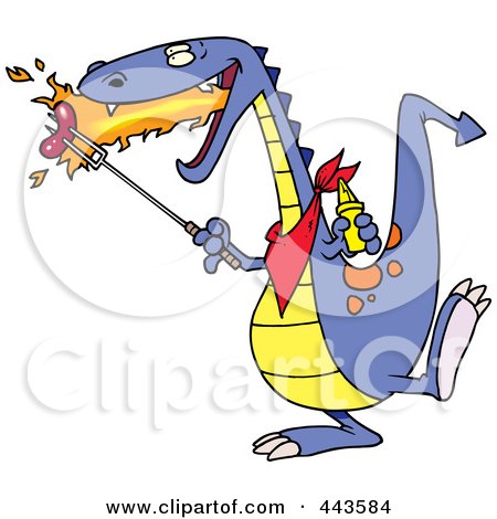 Royalty-Free (RF) Clip Art Illustration of a Cartoon Dragon Roasting Sausage by toonaday