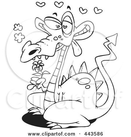 Royalty-Free (RF) Clip Art Illustration of a Cartoon Black And White Outline Design Of A Romantic Dragon by toonaday