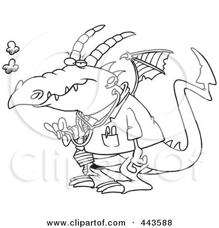 Royalty-Free (RF) Clip Art Illustration of a Cartoon Black And White Outline Design Of A Doctor Dragon by toonaday