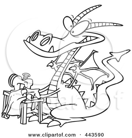 Royalty-Free (RF) Clip Art Illustration of a Cartoon Black And White Outline Design Of A Sewing Dragon by toonaday