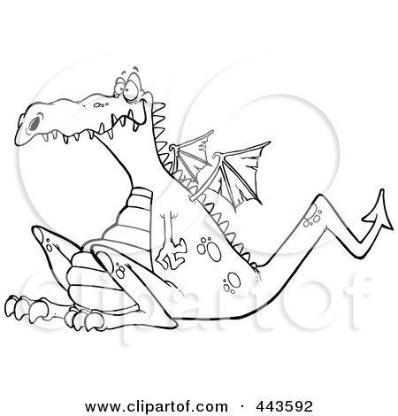 Royalty-Free (RF) Clip Art Illustration of a Cartoon Black And White Outline Design Of A Sitting Dragon by toonaday
