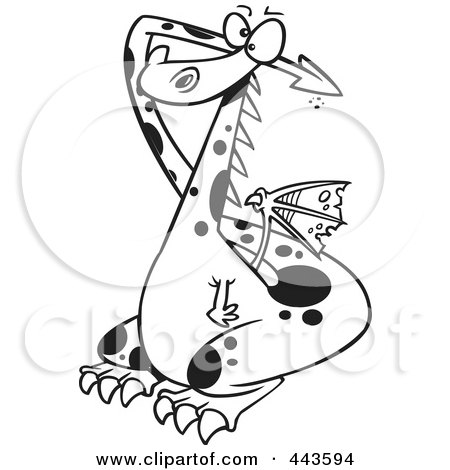 Royalty-Free (RF) Clip Art Illustration of a Cartoon Black And White Outline Design Of A Dragon Covering His Ears by toonaday
