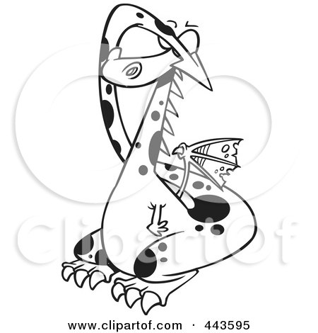 Royalty-Free (RF) Clip Art Illustration of a Cartoon Black And White Outline Design Of A Dragon Covering His Eyes by toonaday