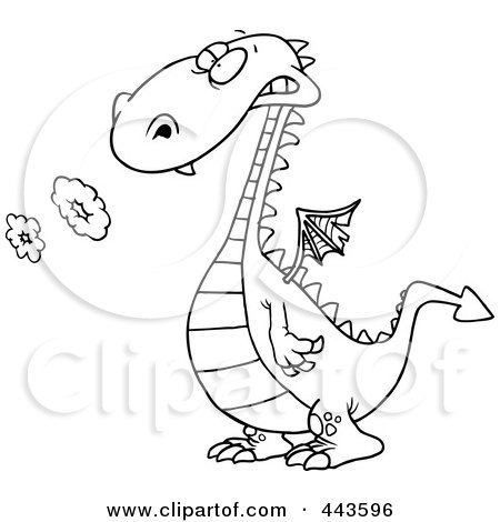 Royalty-Free (RF) Clip Art Illustration of a Cartoon Black And White Outline Design Of A Smoking Dragon by toonaday