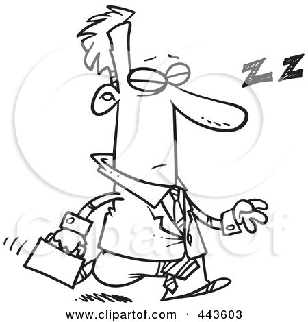 Royalty-Free (RF) Clip Art Illustration of a Cartoon Black And White Outline Design Of A Tired Businessman Dozing While Walking by toonaday