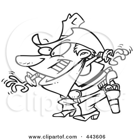 Royalty-Free (RF) Clip Art Illustration of a Cartoon Black And White Outline Design Of A Cowboy Drawing His Guns by toonaday