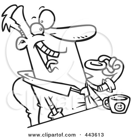 Royalty-Free (RF) Clip Art Illustration of a Cartoon Black And White Outline Design Of A Businessman Eating A Donut by toonaday