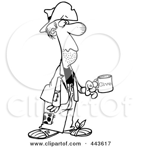 Royalty-Free (RF) Clip Art Illustration of a Cartoon Black And White Outline Design Of A Homeless Man Holding A Charity Cup by toonaday