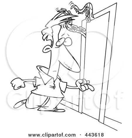 Royalty-Free (RF) Clip Art Illustration of a Cartoon Black And White Outline Design Of A Man Approaching A Door With A Tentacled Monster by toonaday