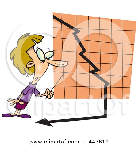 Royalty-Free (RF) Clip Art Illustration of a Cartoon Businesswoman Watching A Down Turn Arrow by toonaday
