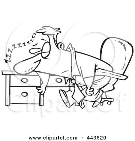Royalty-Free (RF) Clip Art Illustration of a Cartoon Black And White Outline Design Of A Tired Businessman Sleeping On His Desk by toonaday