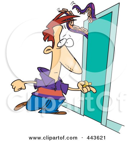 Royalty-Free (RF) Clip Art Illustration of a Cartoon Man Approaching A Door With A Tentacled Monster by toonaday