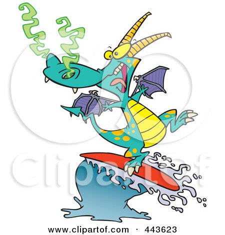 Royalty-Free (RF) Clip Art Illustration of a Cartoon Surfing Dragon by toonaday