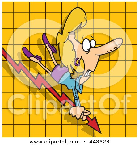 Royalty-Free (RF) Clip Art Illustration of a Cartoon Businesswoman Riding On A Decline Chart Arrow by toonaday