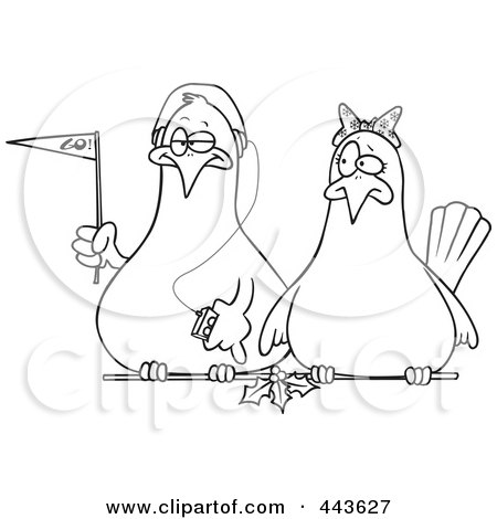 Royalty-Free (RF) Clip Art Illustration of a Cartoon Black And White Outline Design Of Dove Fans by toonaday
