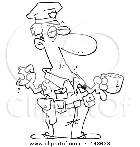 Royalty-Free (RF) Clip Art Illustration of a Cartoon Black And White Outline Design Of A Police Man Eating A Donut by toonaday