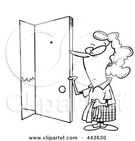 Royalty-Free (RF) Clip Art Illustration of a Cartoon Black And White Outline Design Of A Woman Opening A Door by toonaday
