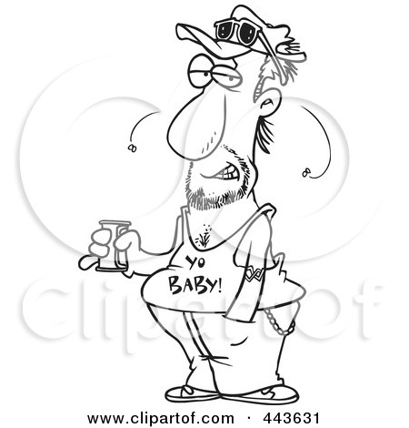 Royalty-Free (RF) Clip Art Illustration of a Cartoon Black And White Outline Design Of A Stinky Man Holding A Beer by toonaday