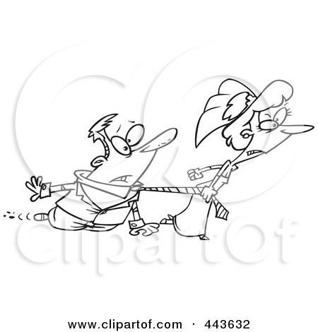 Royalty-Free (RF) Clip Art Illustration of a Cartoon Black And White Outline Design Of A Bride Dragging Her Groom by toonaday