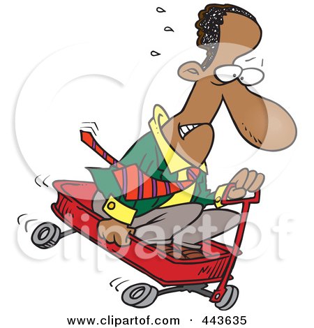 Royalty-Free (RF) Clip Art Illustration of a Cartoon Black Businessman Riding Downhill In A Wagon by toonaday