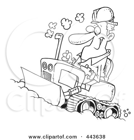 Royalty-Free (RF) Clip Art Illustration of a Cartoon Black And White Outline Design Of A Man Operating A Bulldozer by toonaday